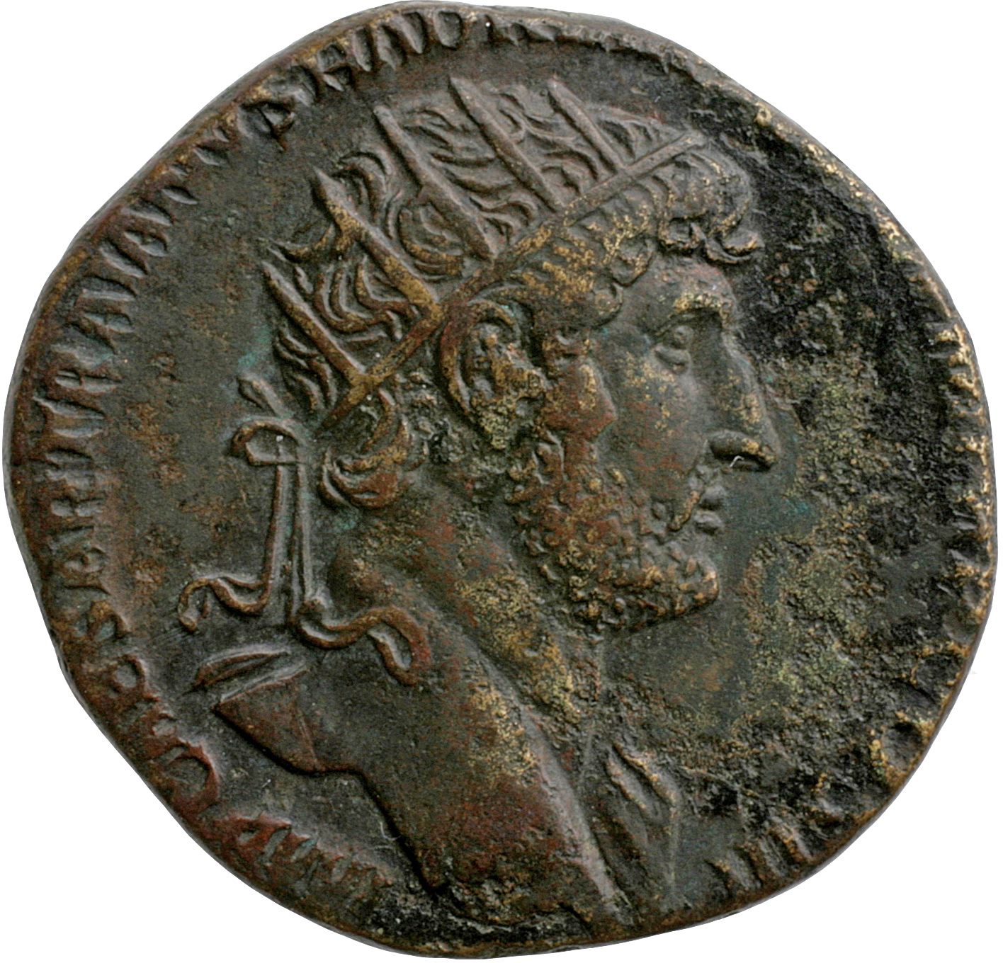RIC II, Part 3 (second edition) Hadrian 280 Hadrian obverse, Bust of Hadrian, radiate, bare chest, traces of drapery on fa...