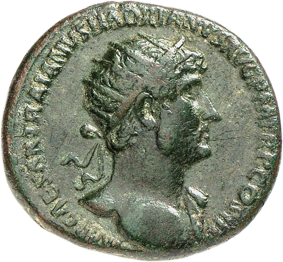 RIC II, Part 3 (second edition) Hadrian 280 Hadrian obverse, Bust of Hadrian, radiate, bare chest, traces of drapery on fa...