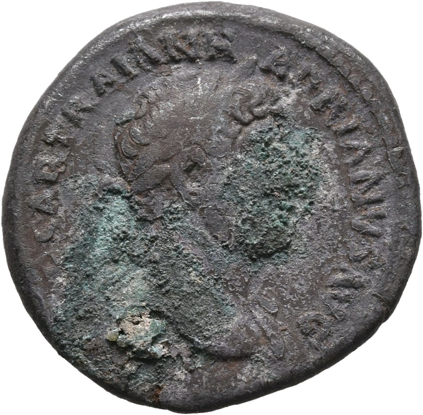 RIC II, Part 3 (second edition) Hadrian 294 Hadrian obverse, Bust of Hadrian, laureate, bare chest, traces of drapery on f...