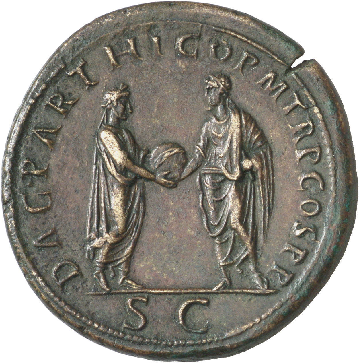 RIC II, Part 3 (second edition) Hadrian 30 Hadrian reverse, Trajan standing right, Hadrian standing left, both holding glo...