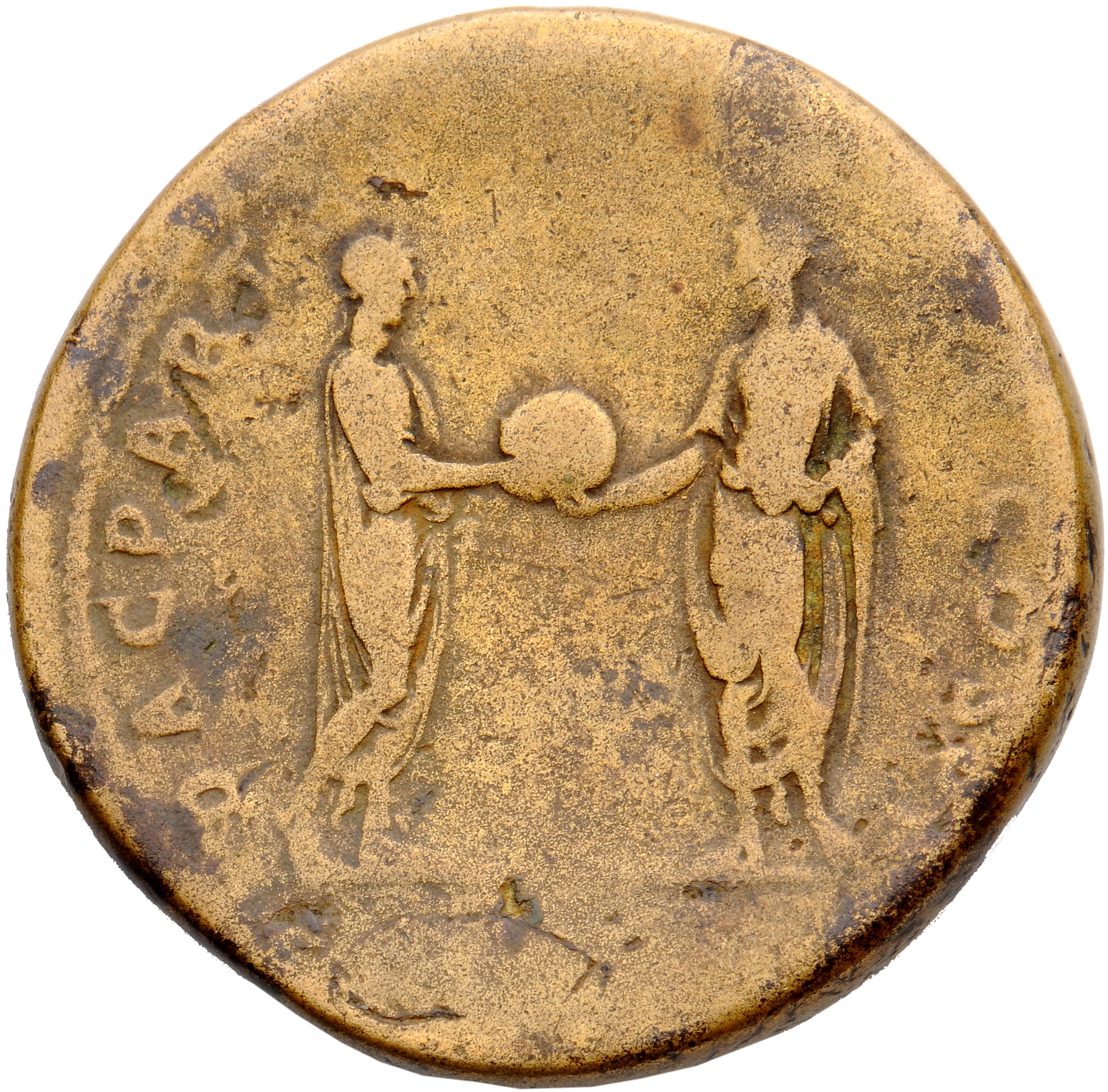 RIC II, Part 3 (second edition) Hadrian 31 Hadrian reverse, Trajan standing right, Hadrian standing left, both holding glo...