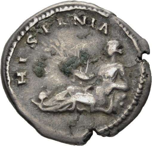 RIC II, Part 3 (second edition) Hadrian 3174 Hadrian reverse, Hispania reclining left on rocks, holding branch; to left, r...