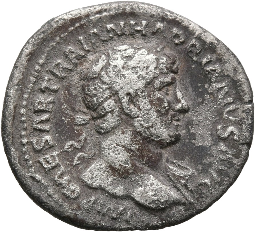 RIC II, Part 3 (second edition) Hadrian 321 Hadrian obverse, Bust of Hadrian, laureate, bare chest, traces of drapery on f...