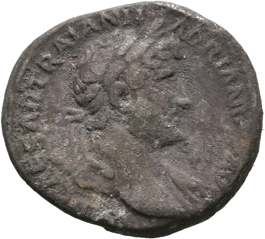 RIC II, Part 3 (second edition) Hadrian 321 Hadrian obverse, Bust of Hadrian, laureate, bare chest, traces of drapery on f...