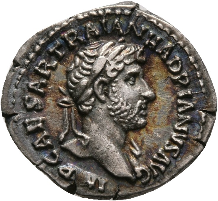 RIC II, Part 3 (second edition) Hadrian 338 Hadrian obverse, Bust of Hadrian, laureate, bare chest, traces of drapery on f...