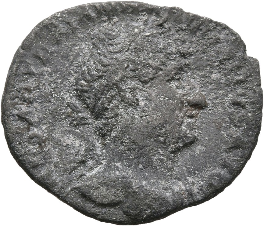 Hadrian obverse — Bust of Hadrian, laureate, bare chest, traces of drapery on far shoulder usually visible, right