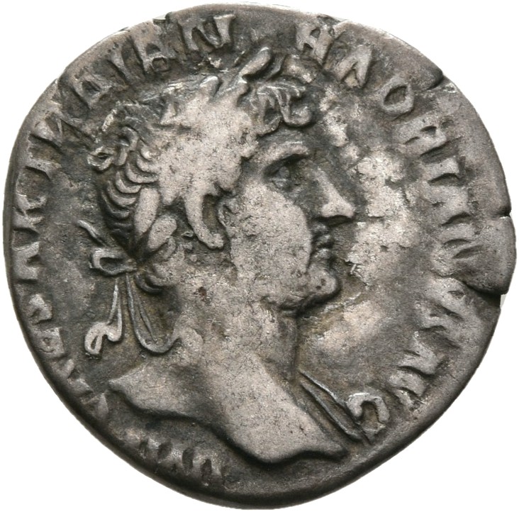 RIC II, Part 3 (second edition) Hadrian 375 Hadrian obverse, Bust of Hadrian, laureate, bare chest, traces of drapery on f...