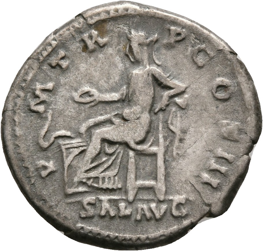 RIC II, Part 3 (second edition) Hadrian 379 Hadrian reverse, Salus seated left, holding out patera to feed snake; to left,...