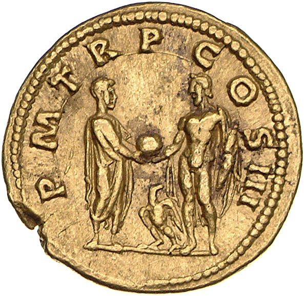 RIC II, Part 3 (second edition) Hadrian 382 Hadrian reverse, Hadrian standing right, receiving globe from Jupiter, standin...