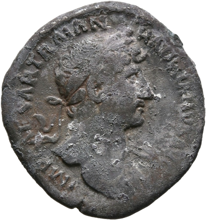 RIC II, Part 3 (second edition) Hadrian 387 Hadrian obverse, Bust of Hadrian, laureate, bare chest, traces of drapery on f...