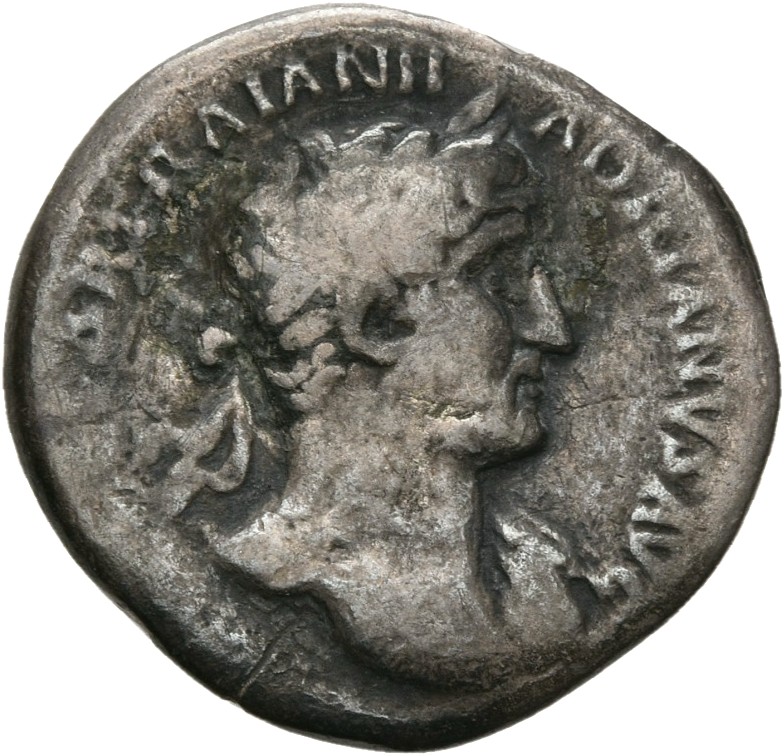 RIC II, Part 3 (second edition) Hadrian 387 Hadrian obverse, Bust of Hadrian, laureate, bare chest, traces of drapery on f...