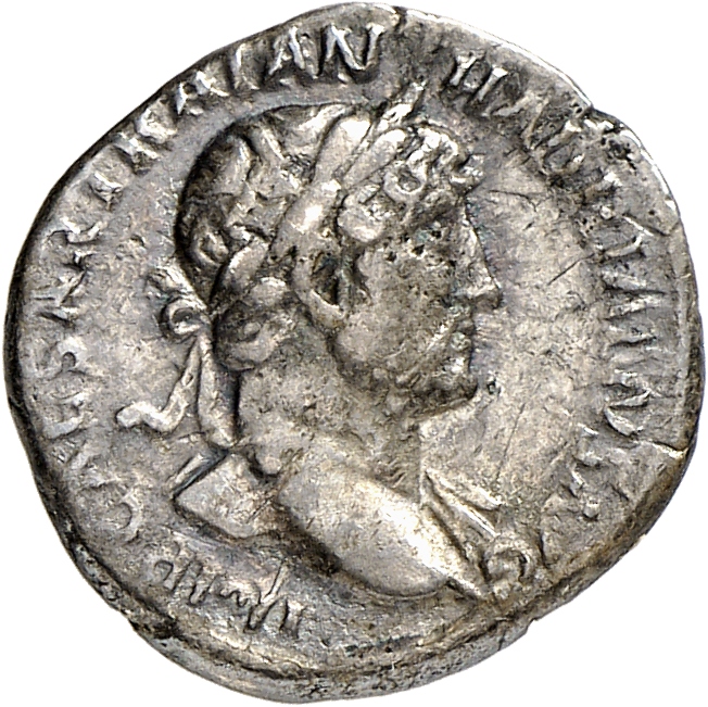 RIC II, Part 3 (second edition) Hadrian 394 Hadrian obverse, Bust of Hadrian, laureate, bare chest, traces of drapery on f...