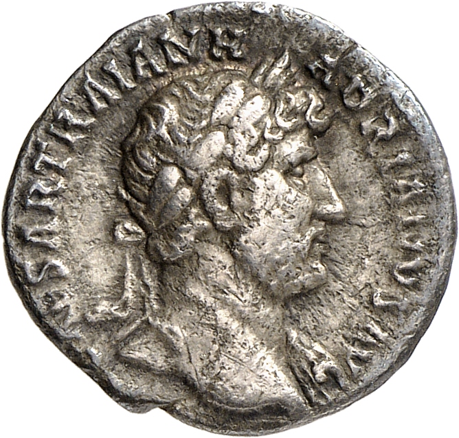 RIC II, Part 3 (second edition) Hadrian 397 Hadrian obverse, Bust of Hadrian, laureate, bare chest, traces of drapery on f...