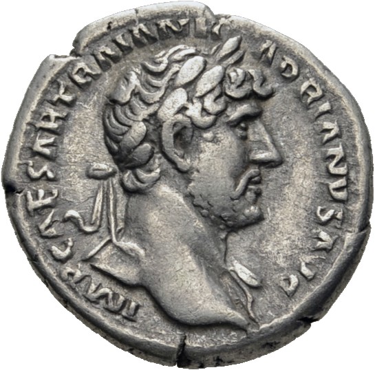 RIC II, Part 3 (second edition) Hadrian 397 Hadrian obverse, Bust of Hadrian, laureate, bare chest, traces of drapery on f...