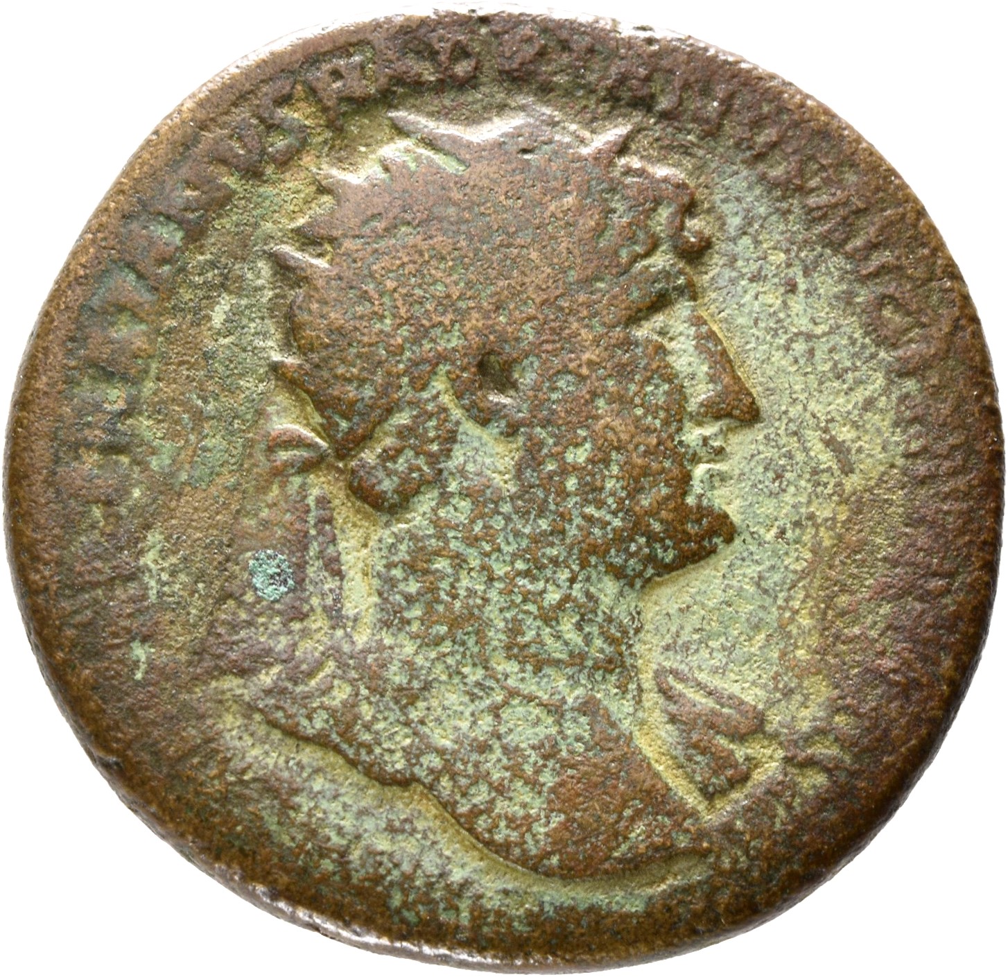 RIC II, Part 3 (second edition) Hadrian 404 Hadrian obverse, Bust of Hadrian, radiate, bare chest, traces of drapery on fa...