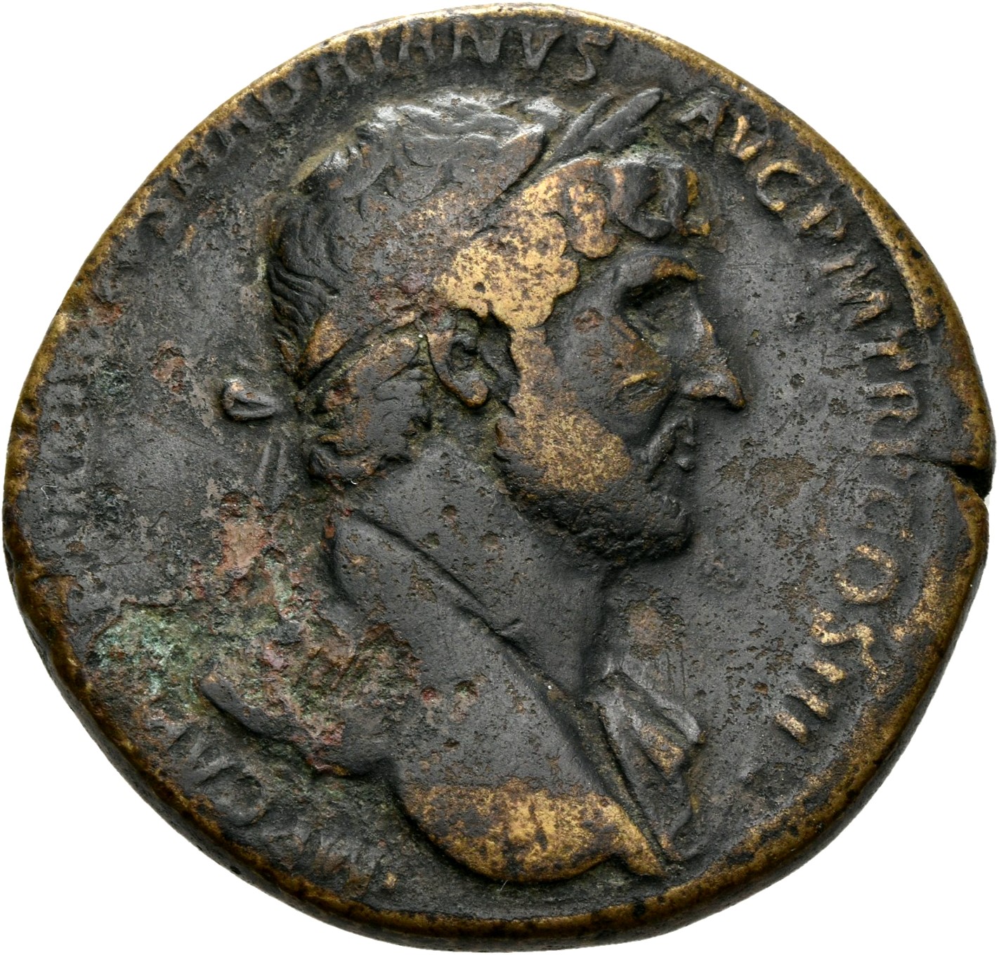 RIC II, Part 3 (second edition) Hadrian 411 Hadrian obverse, Bust of Hadrian, laureate, bare chest, traces of drapery on f...