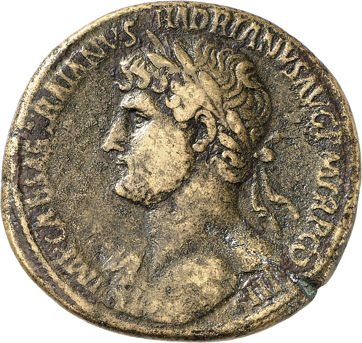 RIC II, Part 3 (second edition) Hadrian 412 Hadrian obverse, Bust of Hadrian, laureate, bare chest, traces of drapery on f...