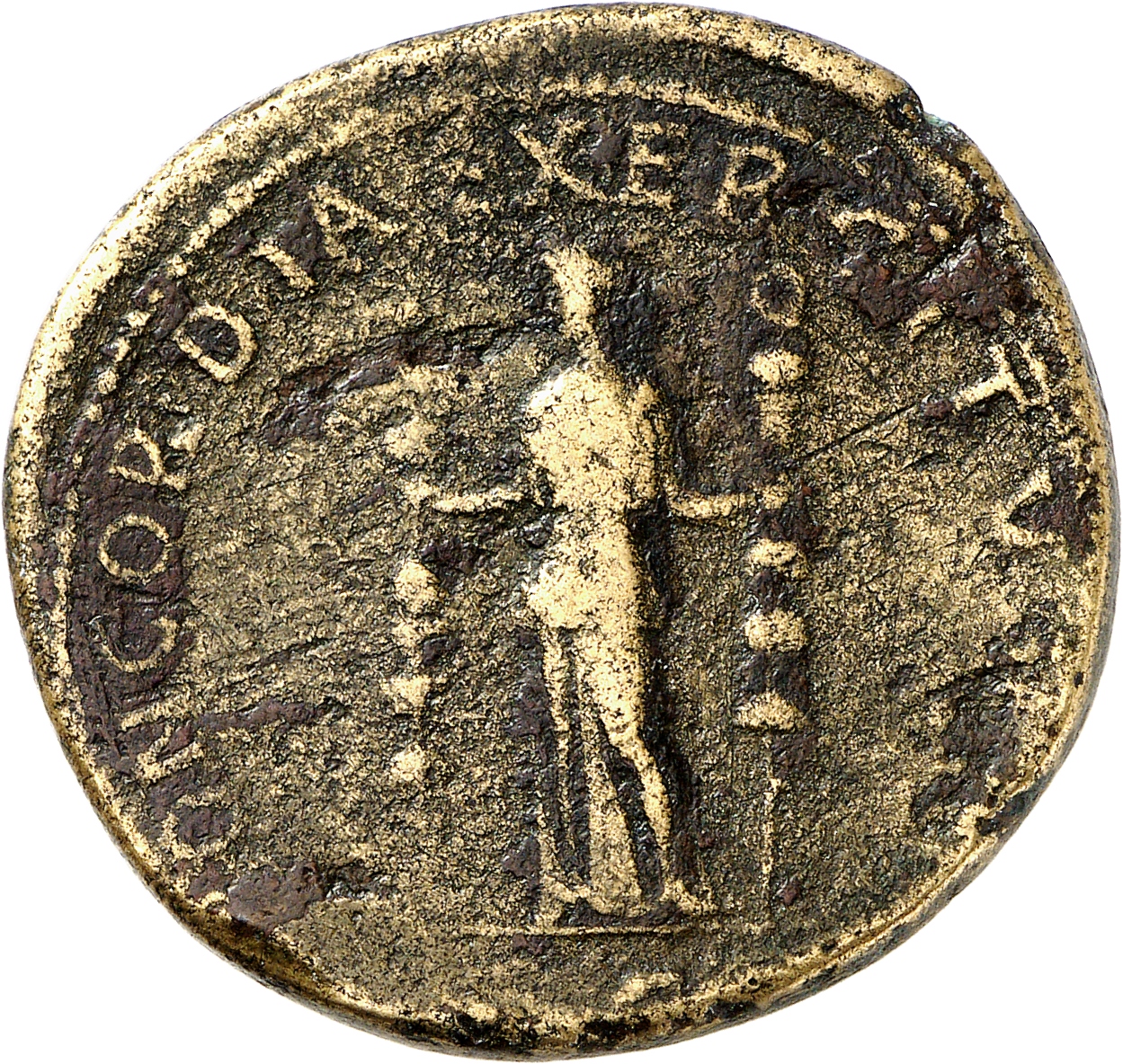 RIC II, Part 3 (second edition) Hadrian 412 Hadrian reverse, Concordia standing facing, head left, holding a legionary eag...