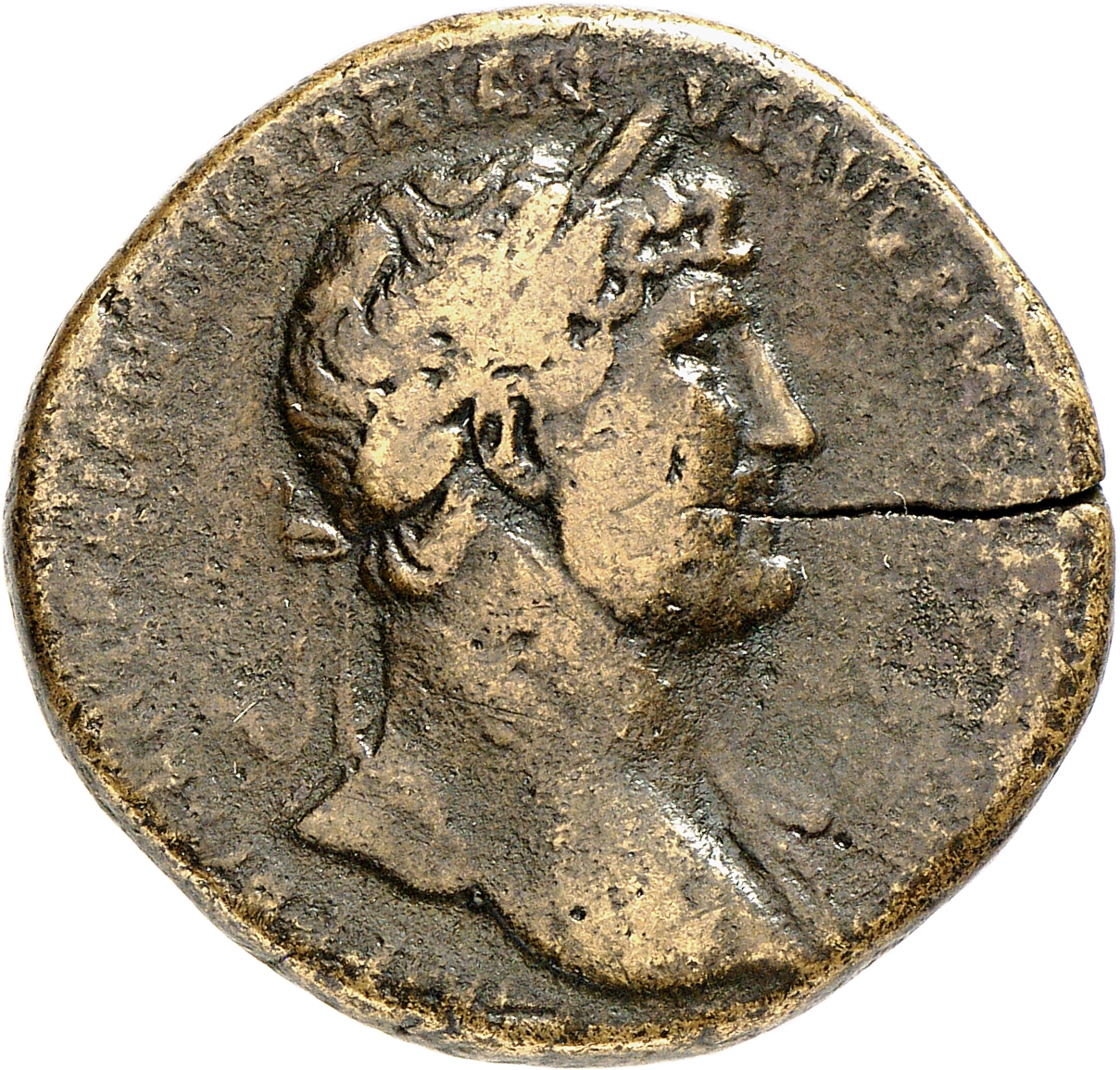 RIC II, Part 3 (second edition) Hadrian 430 Hadrian obverse, Bust of Hadrian, laureate, bare chest, traces of drapery on f...