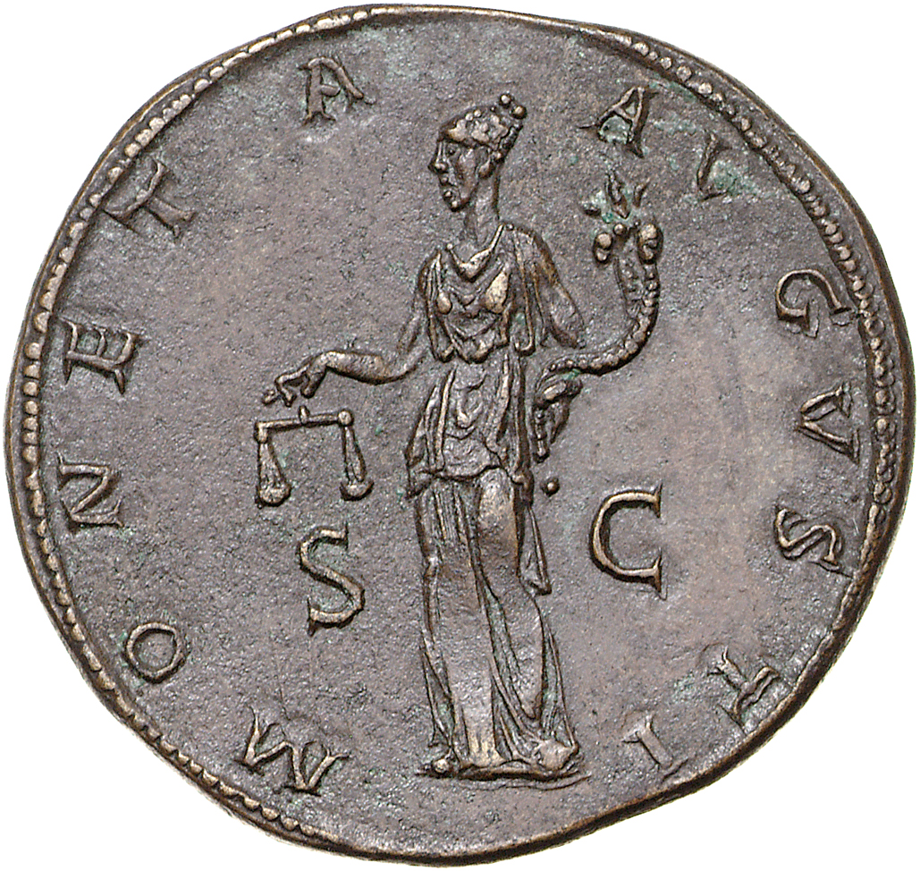 RIC II, Part 3 (second edition) Hadrian 435 Hadrian reverse, Moneta standing left, holding scales and cornucopia