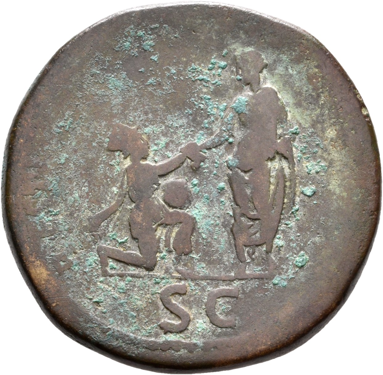 RIC II, Part 3 (second edition) Hadrian 450 Hadrian reverse, Orbis, towered, kneeling right, holding globe and extending h...