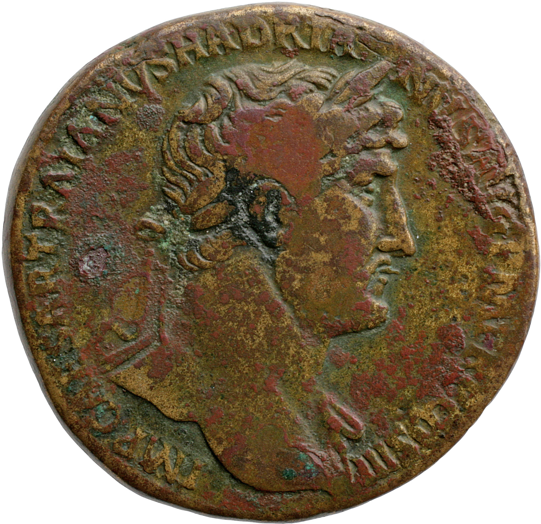RIC II, Part 3 (second edition) Hadrian 451 Hadrian obverse, Bust of Hadrian, laureate, bare chest, traces of drapery on f...
