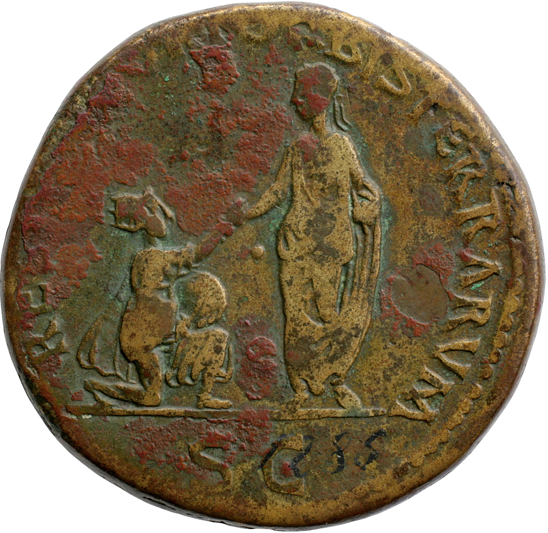 RIC II, Part 3 (second edition) Hadrian 451 Hadrian reverse, Orbis, towered, kneeling right, holding globe and extending h...