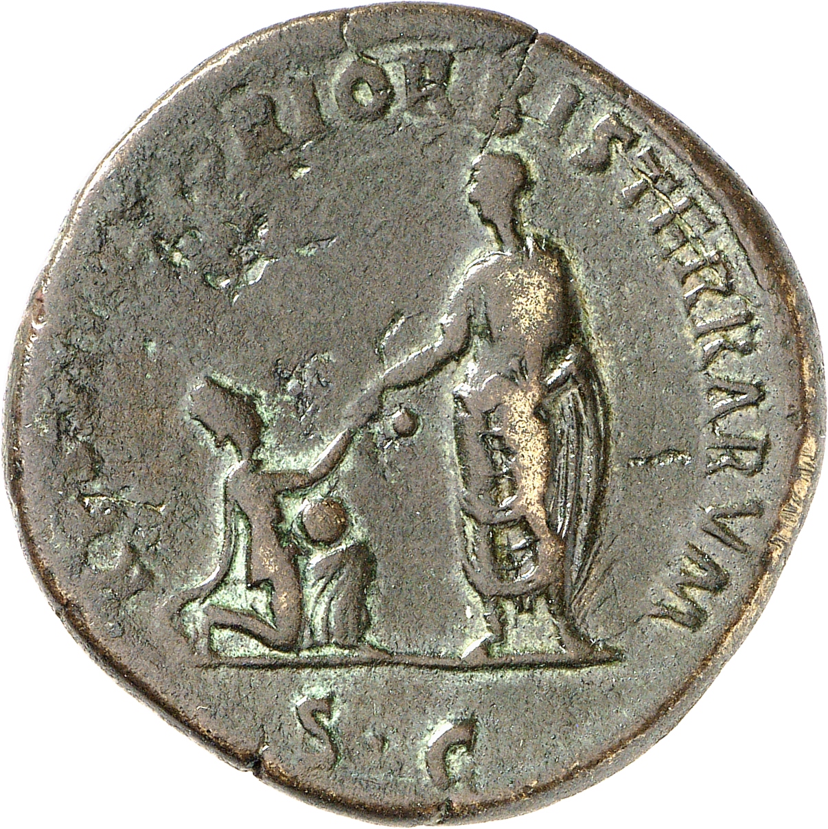 RIC II, Part 3 (second edition) Hadrian 451 Hadrian reverse, Orbis, towered, kneeling right, holding globe and extending h...