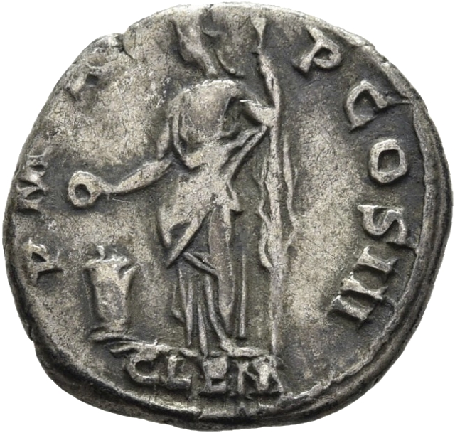 RIC II, Part 3 (second edition) Hadrian 497 Hadrian reverse, Clementia standing left, holding patera and sceptre; to left,...