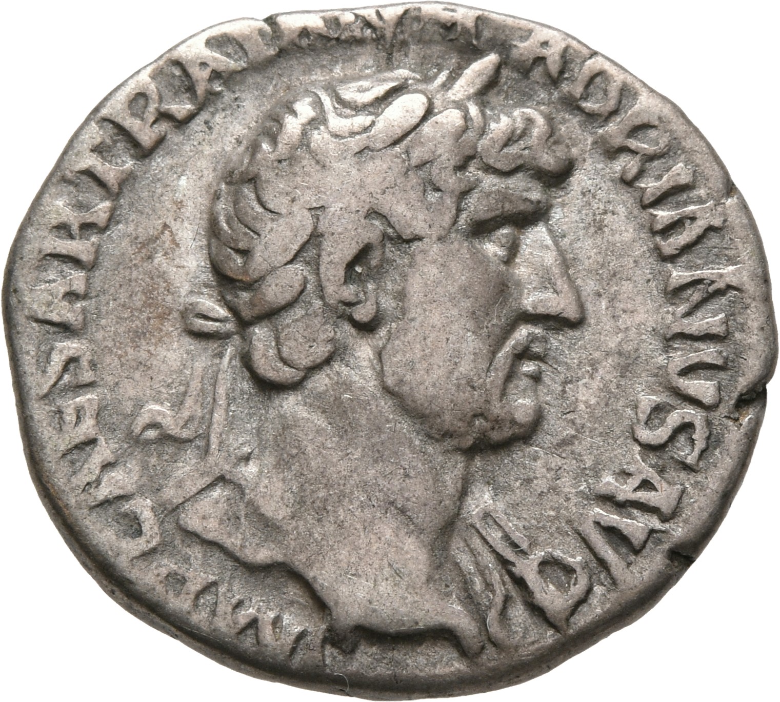 RIC II, Part 3 (second edition) Hadrian 498 Hadrian obverse, Bust of Hadrian, laureate, bare chest, traces of drapery on f...