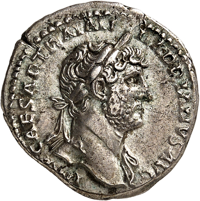 RIC II, Part 3 (second edition) Hadrian 526 Hadrian obverse, Bust of Hadrian, laureate, bare chest, traces of drapery on f...