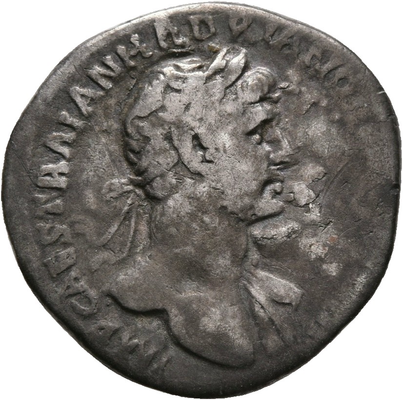 RIC II, Part 3 (second edition) Hadrian 57 Hadrian obverse, Bust of Hadrian, laureate, bare chest, traces of drapery on fa...