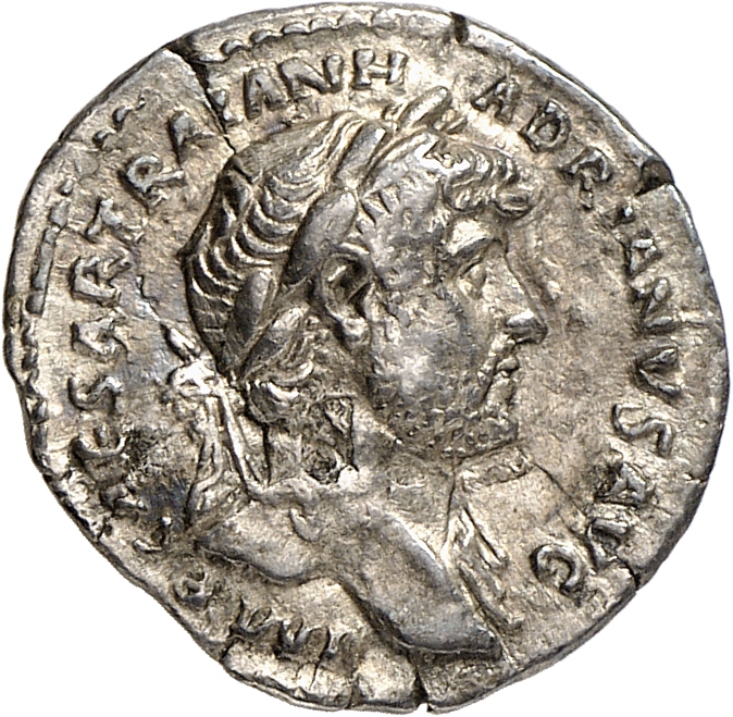 RIC II, Part 3 (second edition) Hadrian 592 Hadrian obverse, Bust of Hadrian, laureate, bare chest, traces of drapery on f...