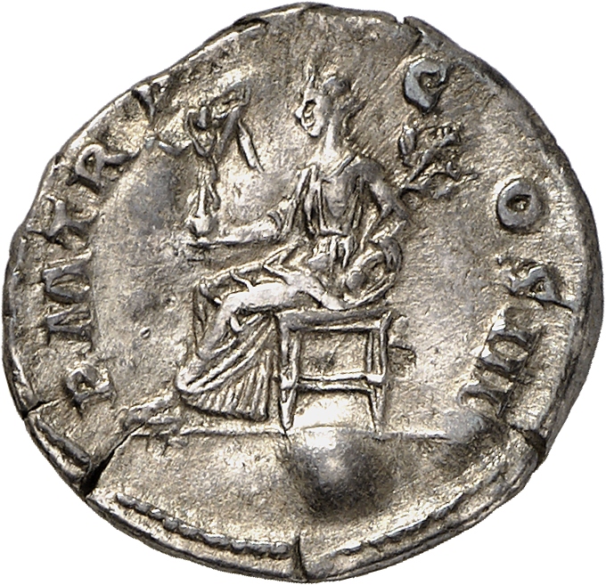 RIC II, Part 3 (second edition) Hadrian 592 Hadrian reverse, Pax seated left, holding Victory and branch