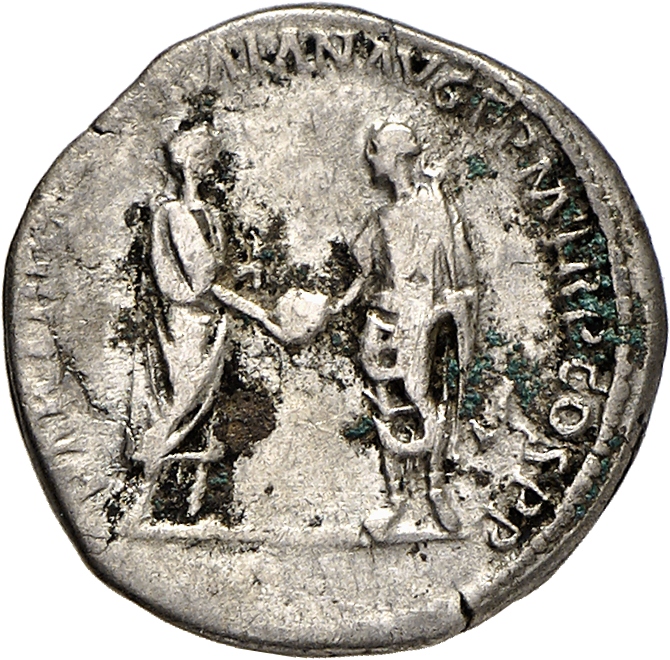 RIC II, Part 3 (second edition) Hadrian 6 Hadrian reverse, Trajan standing right, Hadrian standing left, both holding glob...