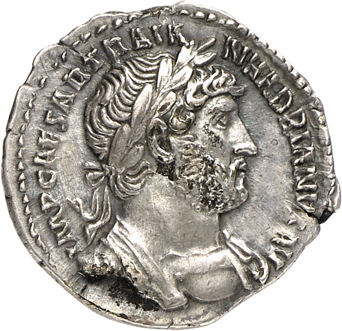 RIC II, Part 3 (second edition) Hadrian 603 Hadrian obverse, Bust of Hadrian, laureate, cuirassed, cropped of pteryges, ri...