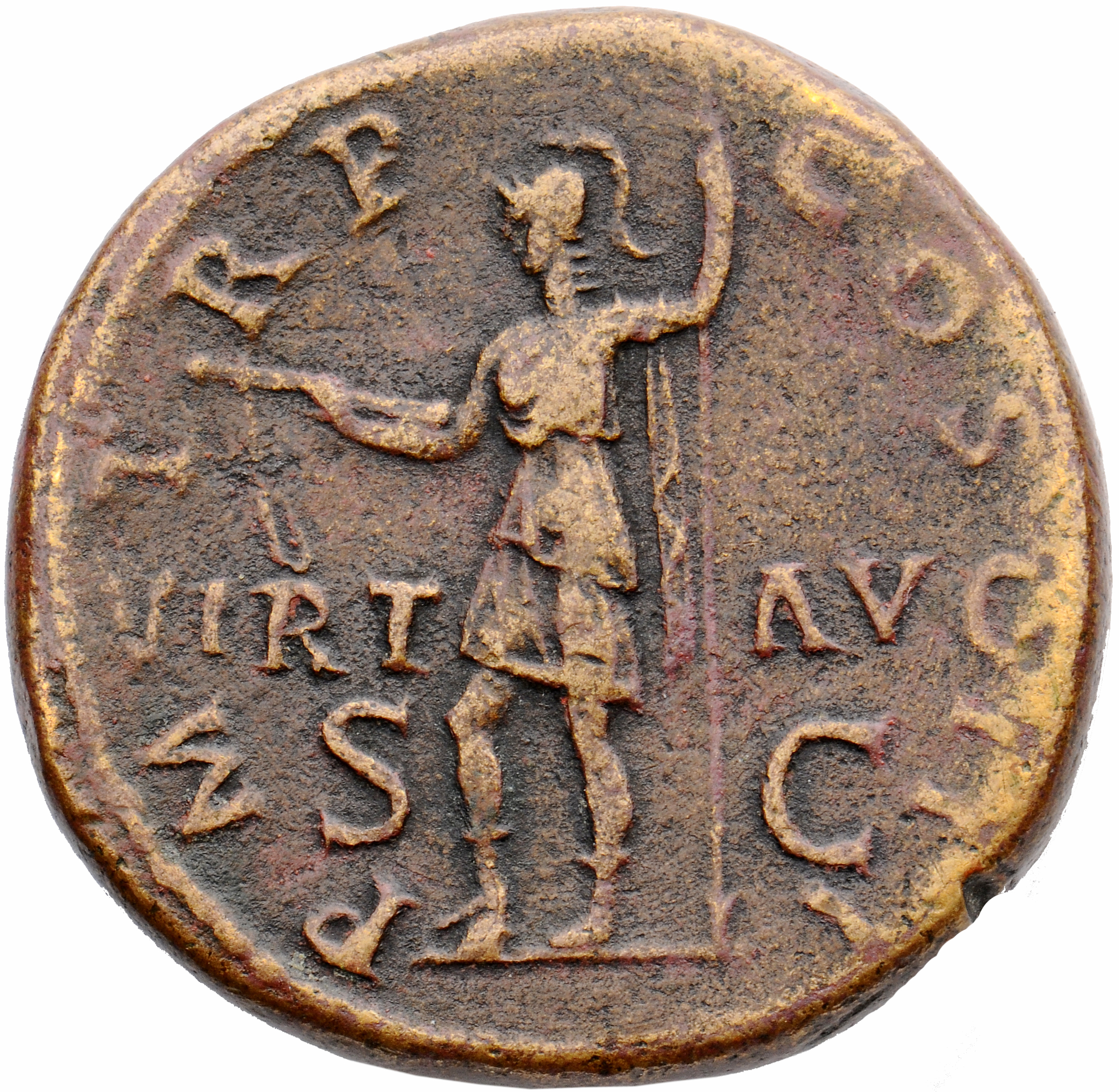 RIC II, Part 3 (second edition) Hadrian 652 Hadrian reverse, Virtus standing left, resting foot on helmet, holding parazon...