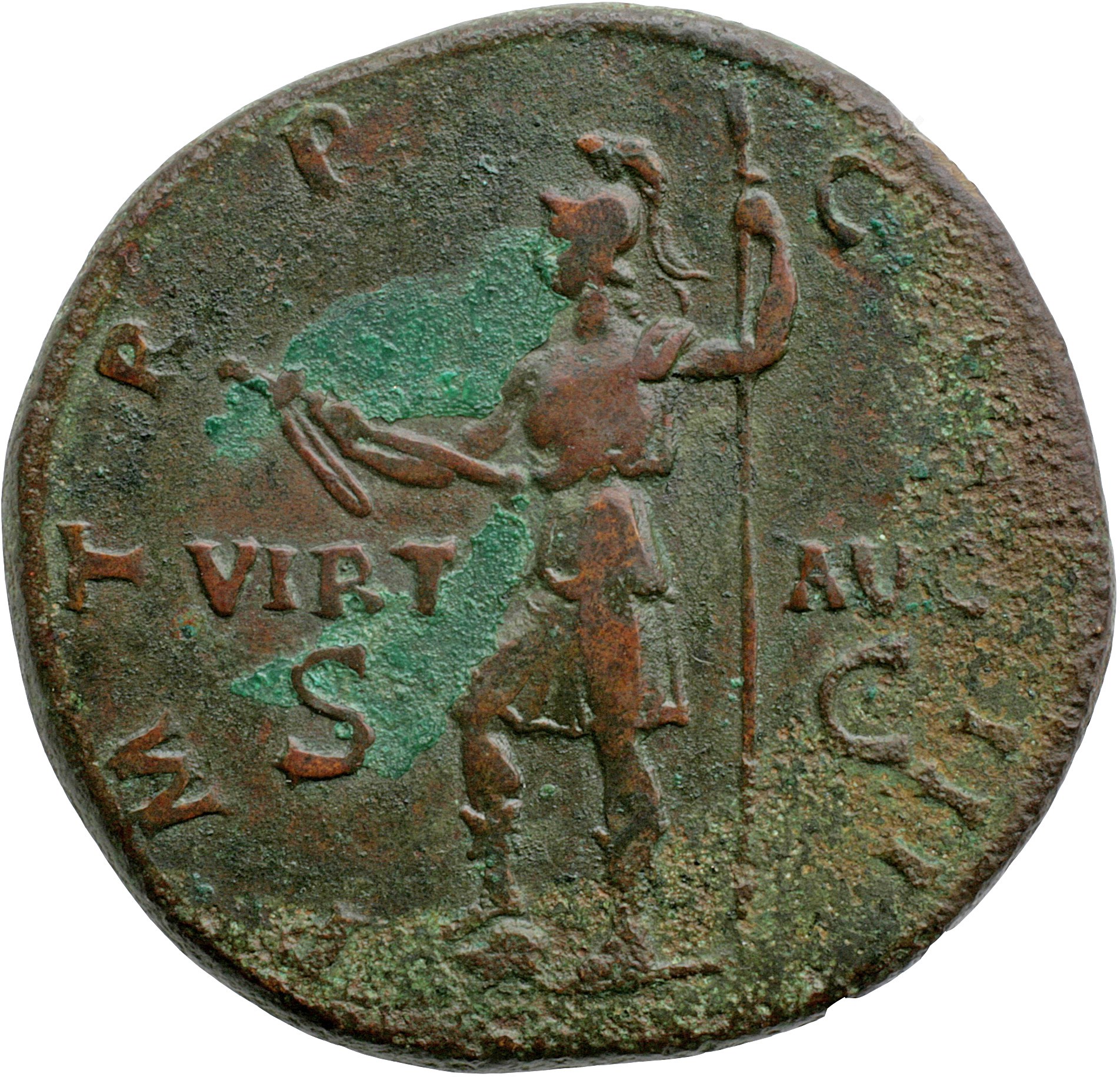 RIC II, Part 3 (second edition) Hadrian 655 Hadrian reverse, Virtus standing left, resting foot on helmet, holding parazon...