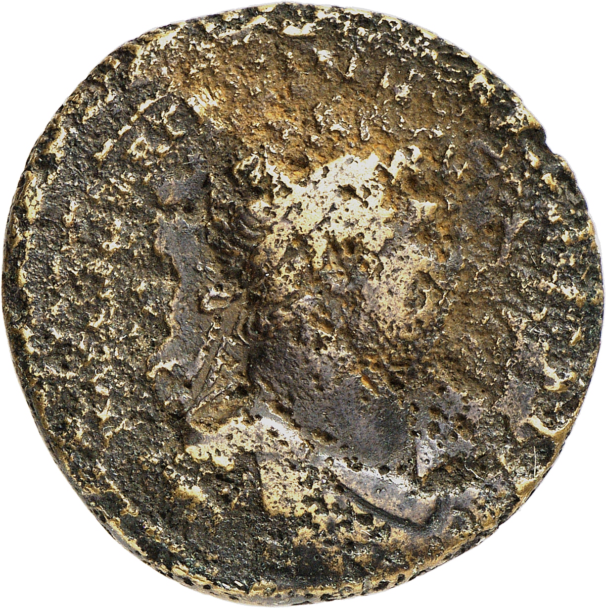 RIC II, Part 3 (second edition) Hadrian 665 Hadrian obverse, Bust of Hadrian, laureate, bare chest, traces of drapery on f...