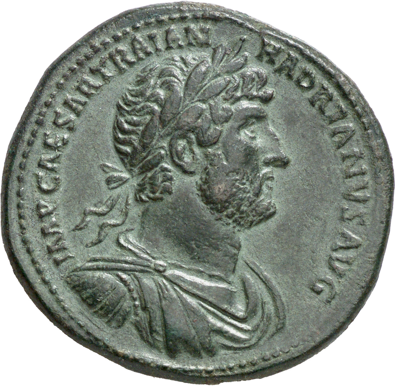 RIC II, Part 3 (second edition) Hadrian 668 Hadrian obverse, Bust of Hadrian, laureate, draped and cuirassed, right, viewe...