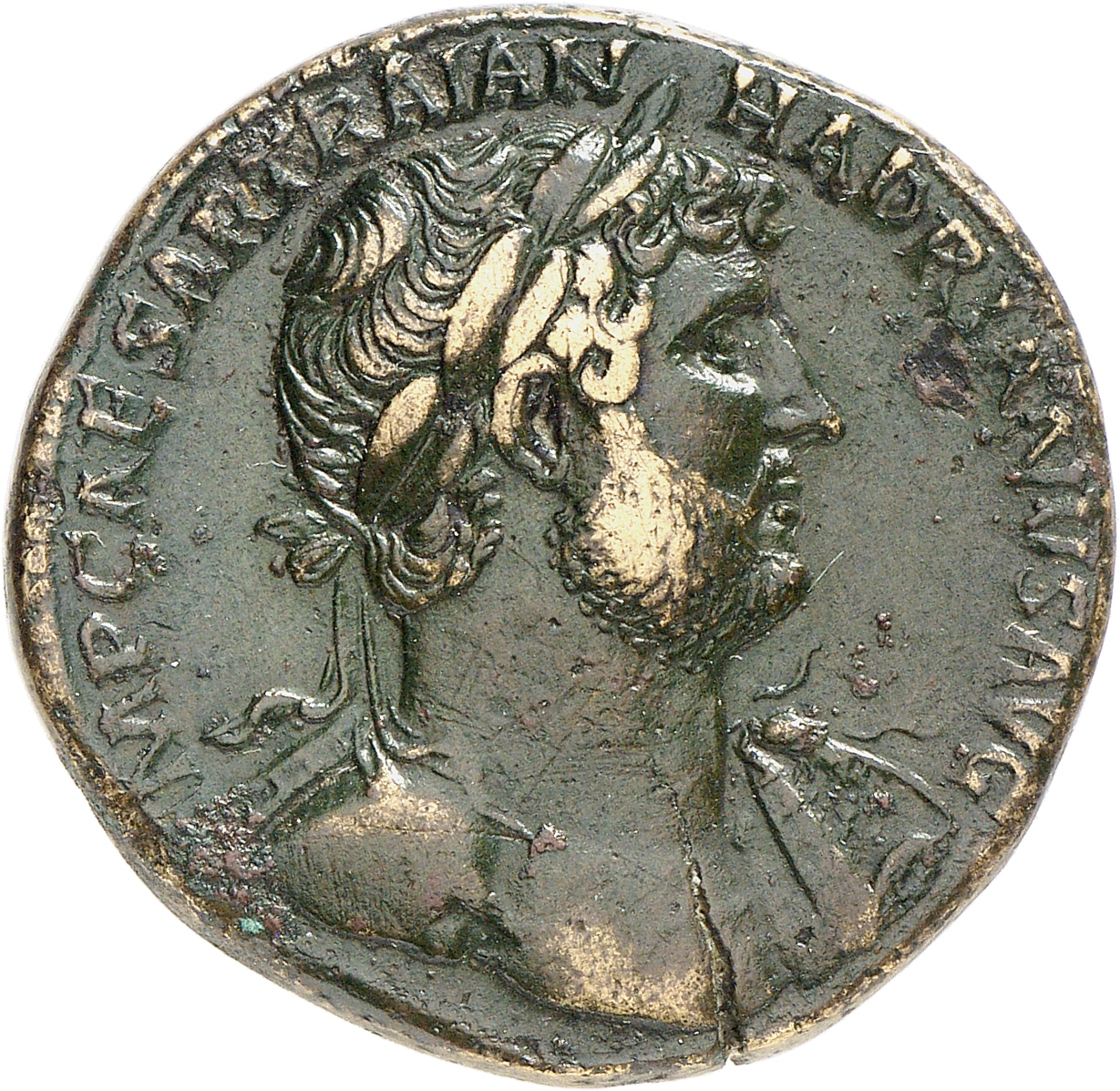 RIC II, Part 3 (second edition) Hadrian 679 Hadrian obverse, Bust of Hadrian, laureate, bare chest, traces of drapery on f...