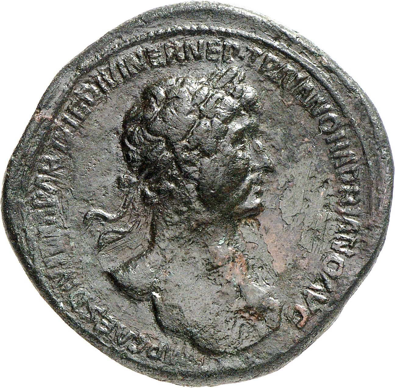 RIC II, Part 3 (second edition) Hadrian 70 Hadrian obverse, Bust of Hadrian, laureate, bare chest, traces of drapery on fa...