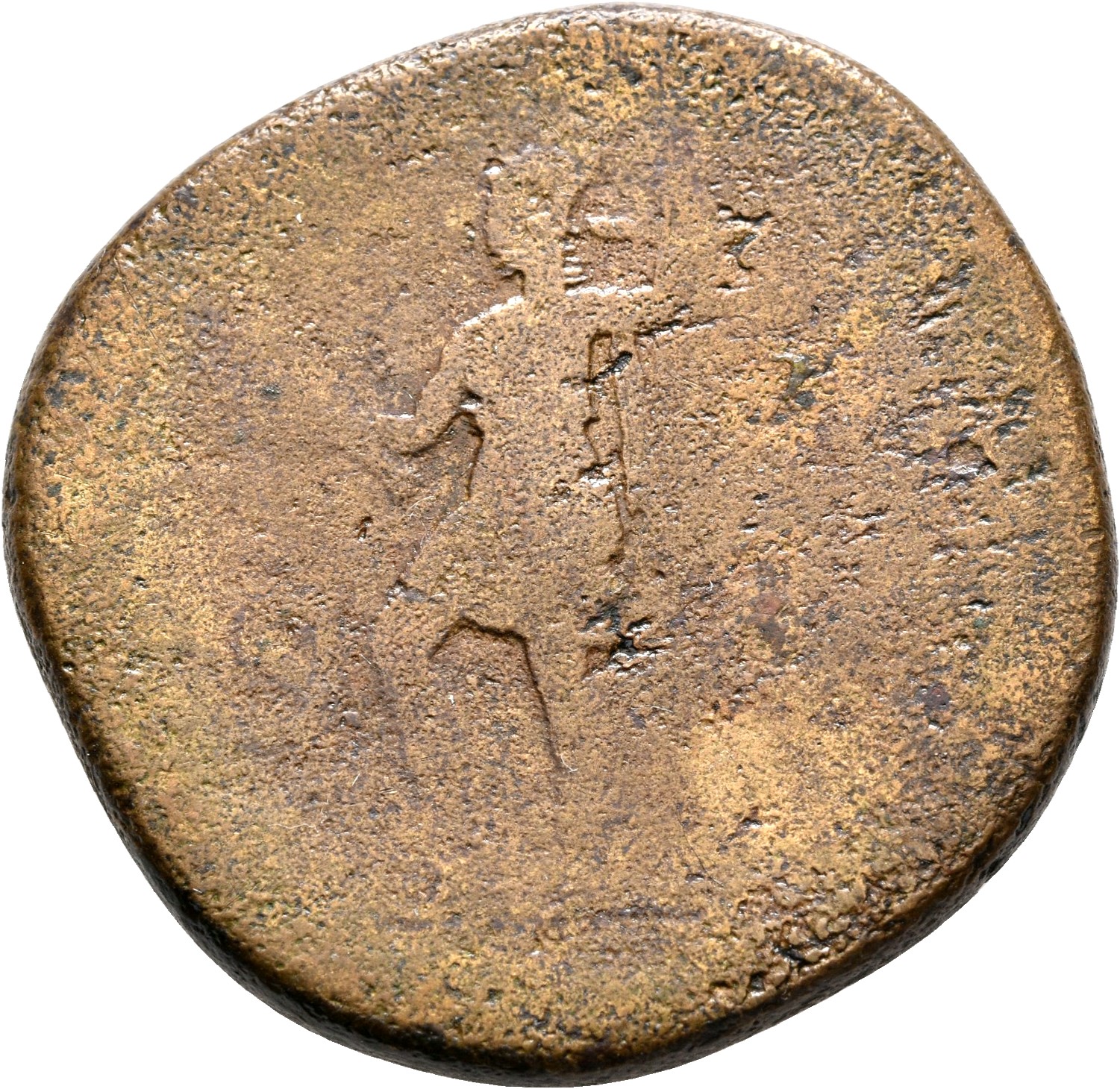 RIC II, Part 3 (second edition) Hadrian 740 Hadrian reverse, Virtus standing left, resting foot on helmet, holding parazon...