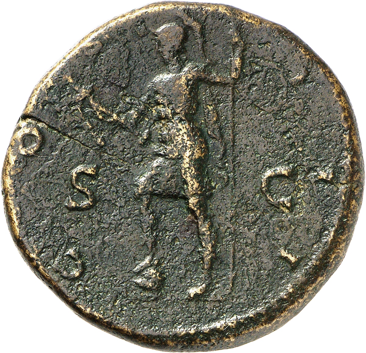 RIC II, Part 3 (second edition) Hadrian 741 Hadrian reverse, Virtus standing left, resting foot on helmet, holding parazon...
