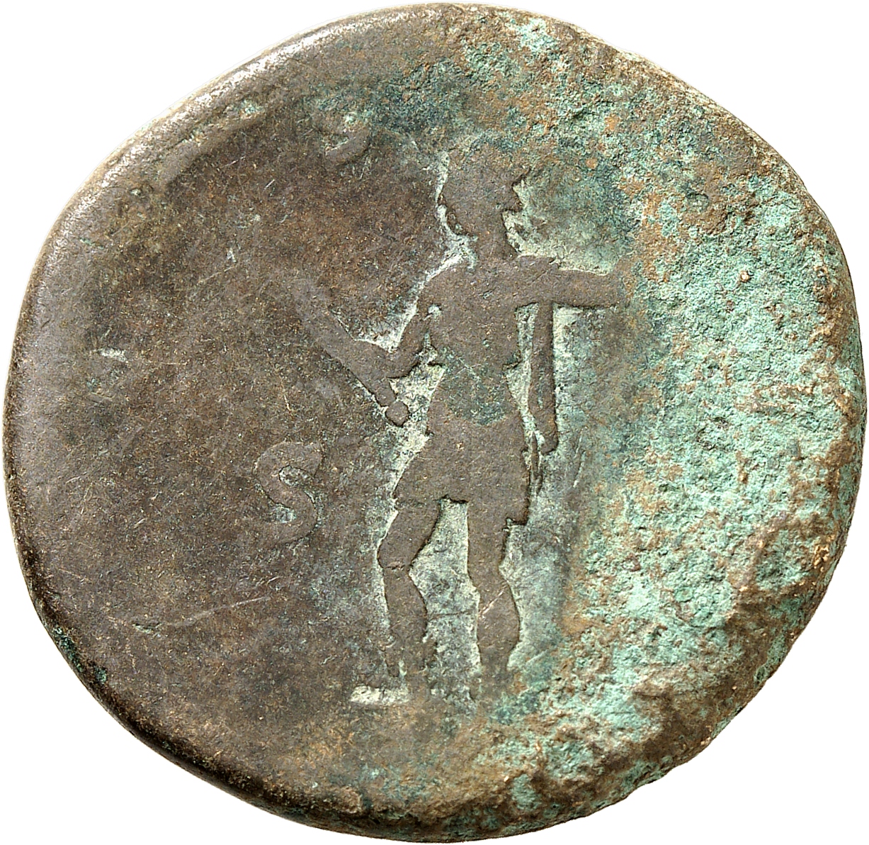 RIC II, Part 3 (second edition) Hadrian 741 Hadrian reverse, Virtus standing left, resting foot on helmet, holding parazon...