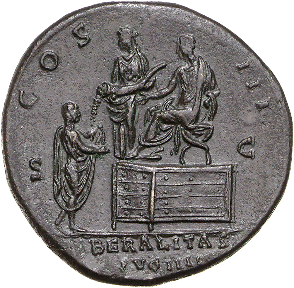 RIC II, Part 3 (second edition) Hadrian 822 Hadrian reverse, Hadrian seated left on platform, extending hand toward citize...