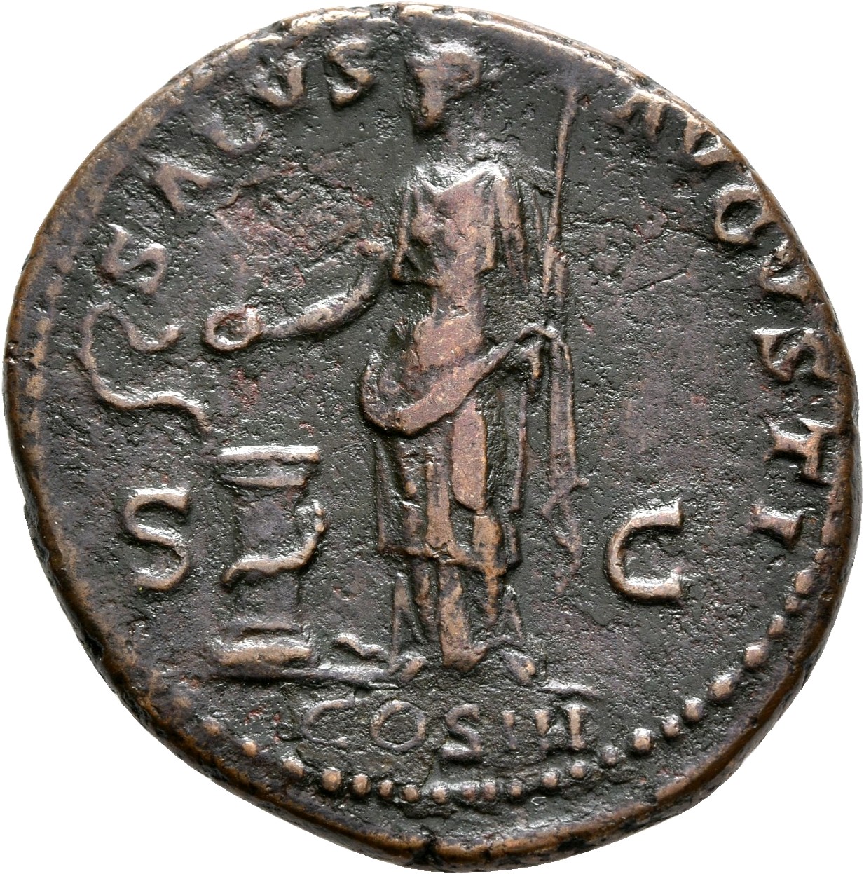 RIC II, Part 3 (second edition) Hadrian 828 Hadrian reverse, Salus standing left, holding patera and sceptre; to left, sna...