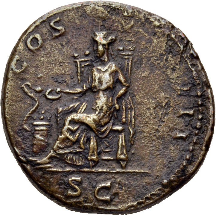 RIC II, Part 3 (second edition) Hadrian 877 Hadrian reverse, Salus seated left, holding out patera to feed snake; to left,...
