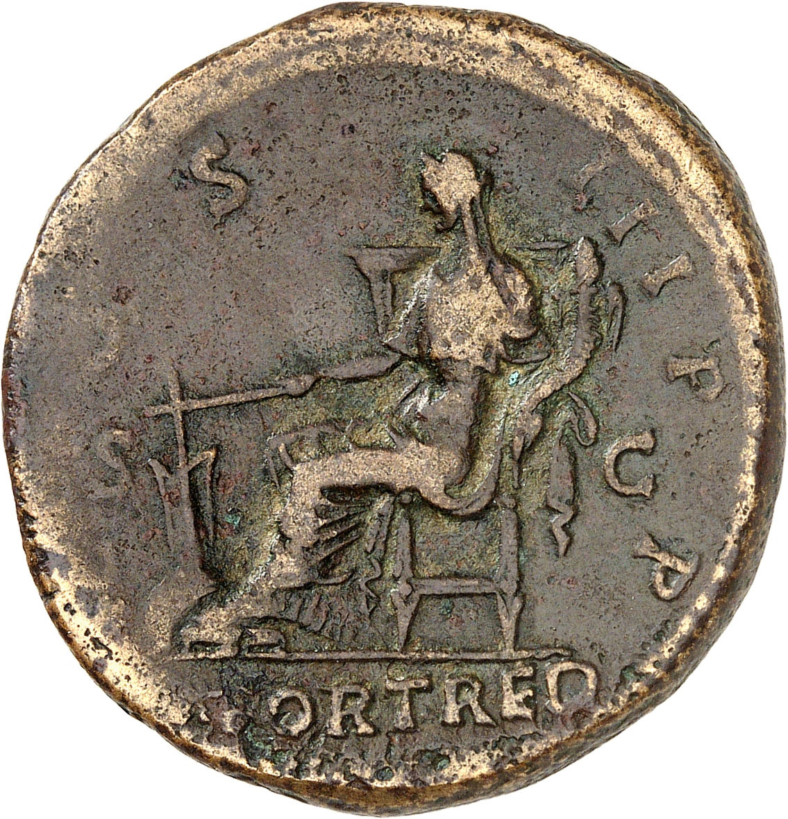 RIC II, Part 3 (second edition) Hadrian 979 Hadrian reverse, Fortuna seated left, holding rudder and cornucopia