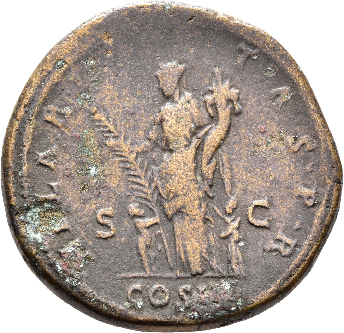 RIC II, Part 3 (second edition) Hadrian 988 Hadrian reverse, Hilaritas, rarely naked to waist, standing left, holding palm...